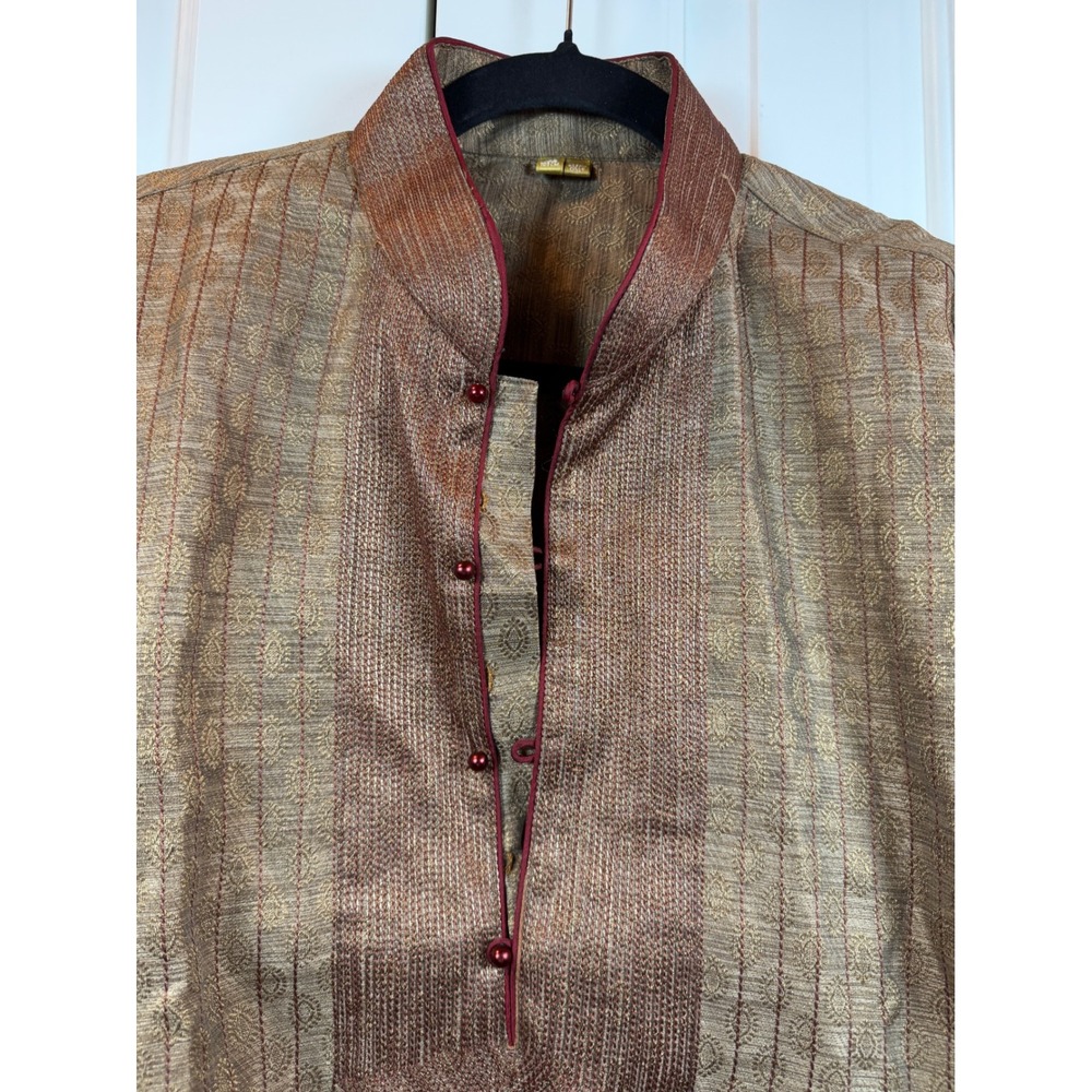 Mens Gold Bronze Jacquard Kurta Sherwani Indian Wedding Formal Tunic Size 42 - Picture 6 of 6